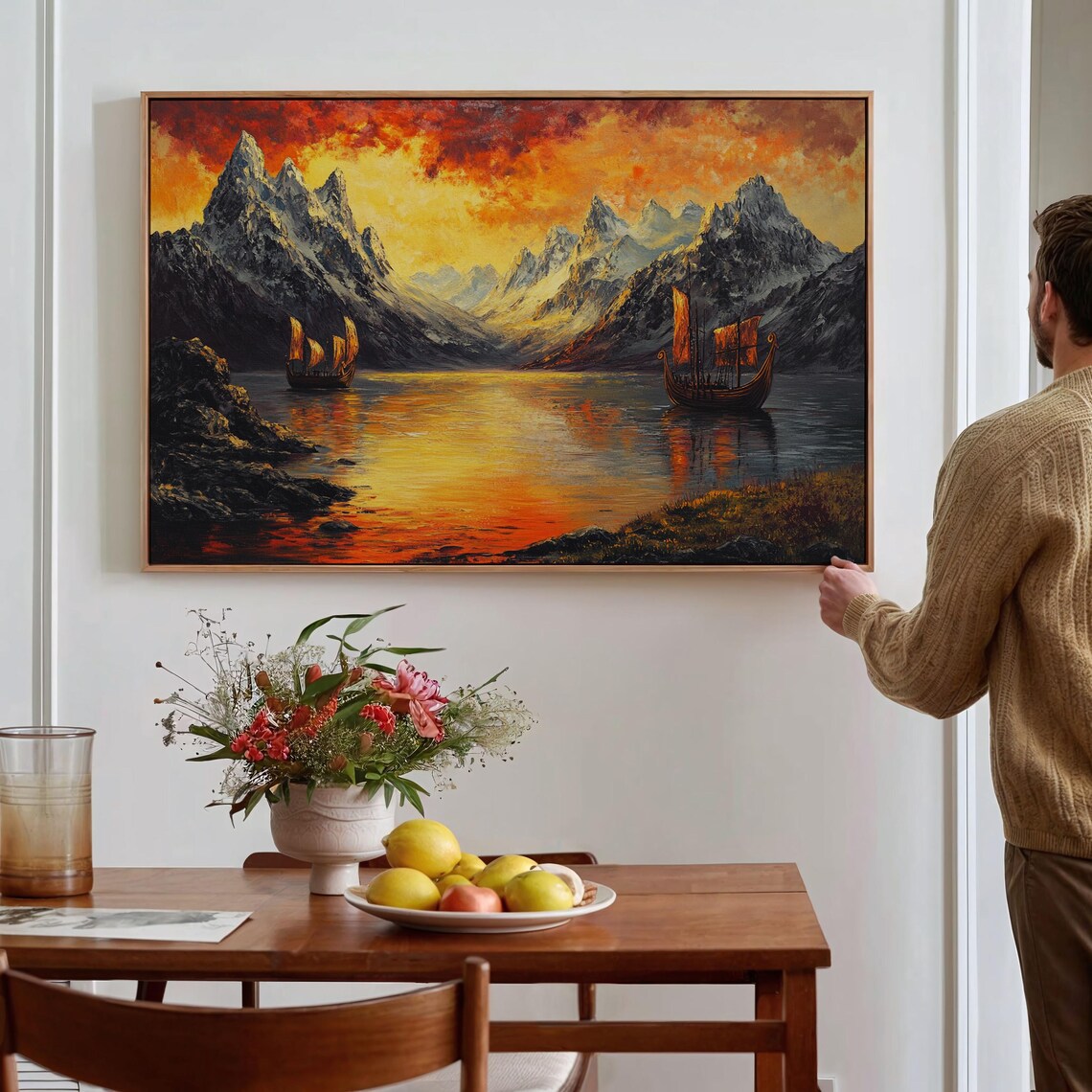 Viking Longship Sunset Landscape, Fjords Reflections - Image 5