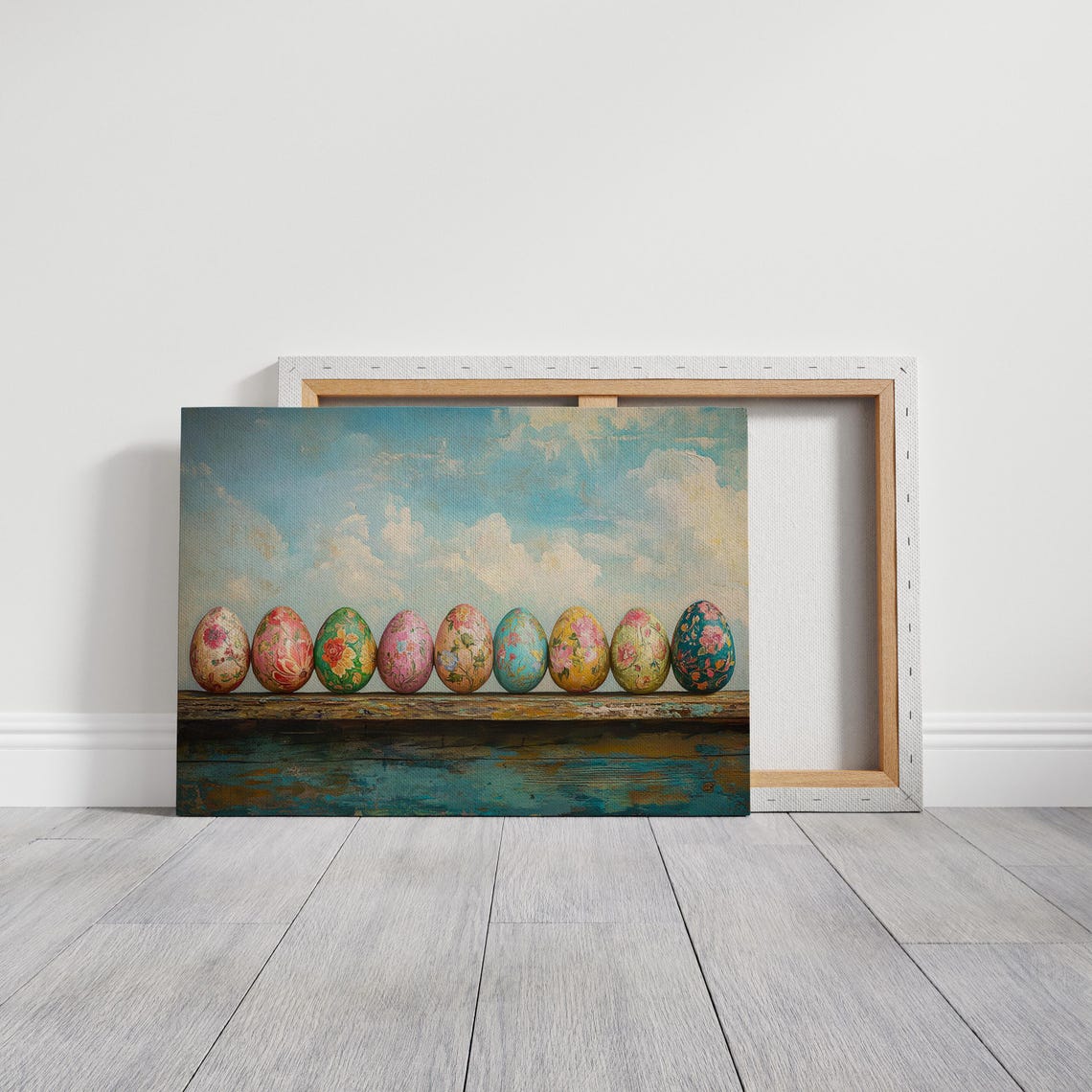 Colorful Floral Easter Eggs Row on Distressed Blue Wood Shelf Poster - Image 5