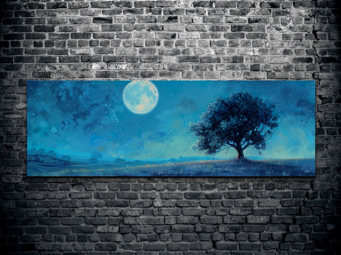 Full Moon Over Lone Tree Starry Night Panoramic Landscape Poster - Image 2