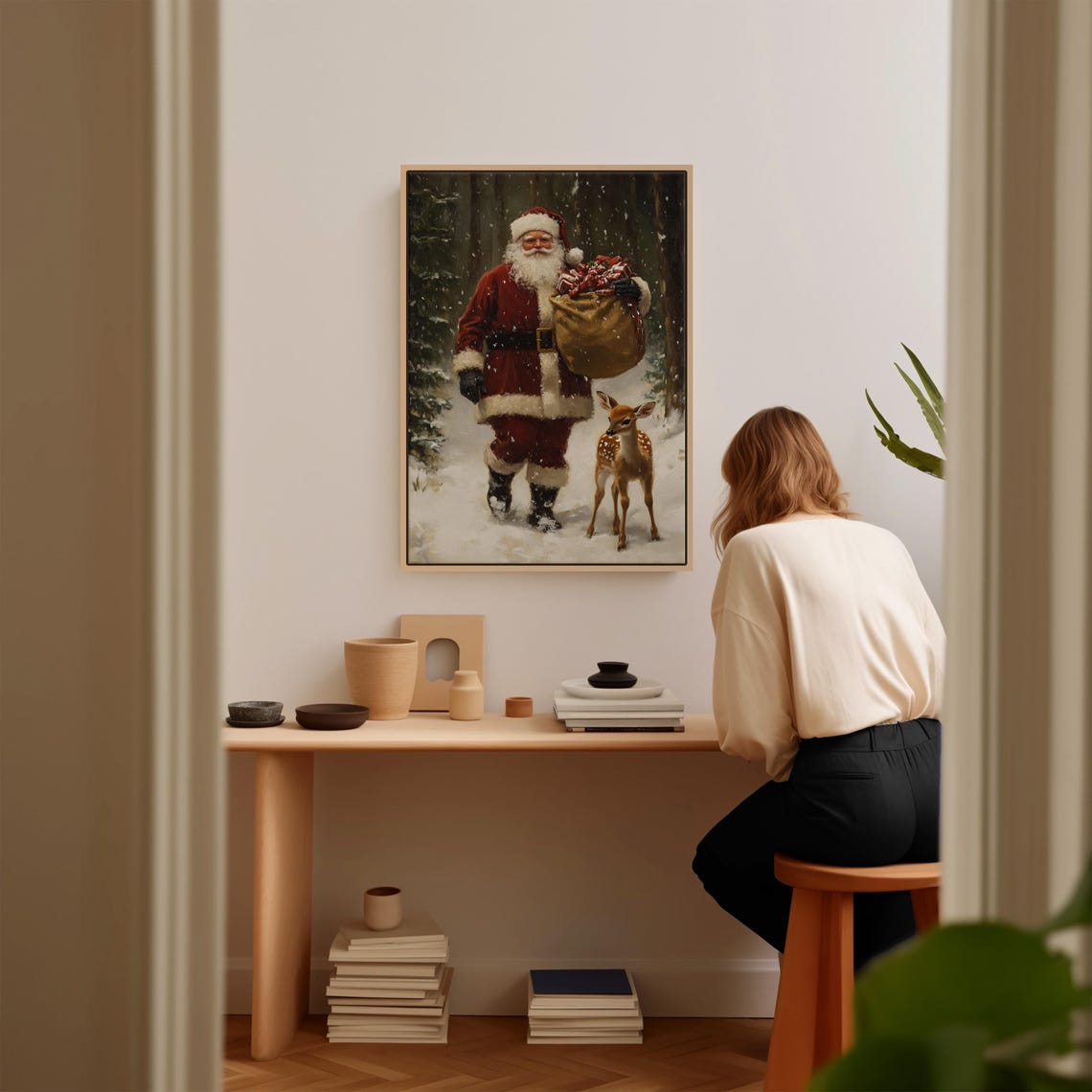 Vintage Santa Claus With Deer Fawn Snowy Forest Christmas Poster - Image 2
