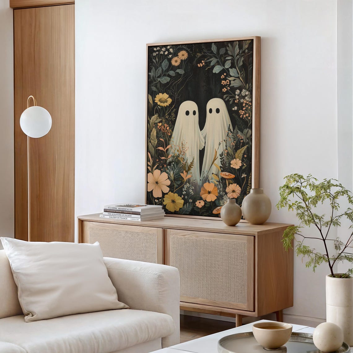 Two Cute Ghosts In Dark Floral Mushroom Garden Spooky Wall Art - Image 3