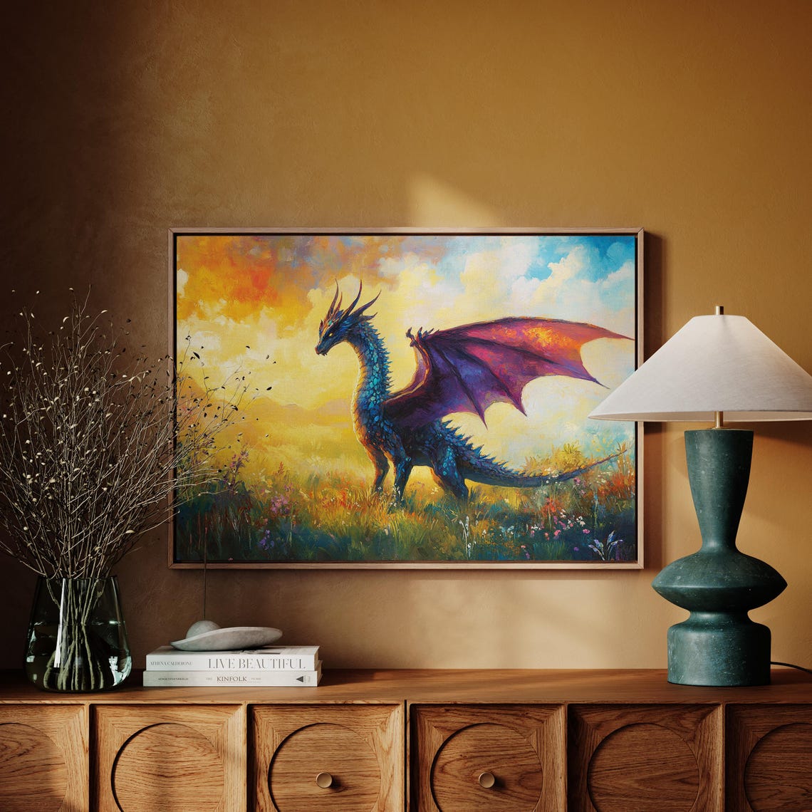 Teal Dragon with Magenta Wings Golden Meadow Fantasy Art Print - Image 5