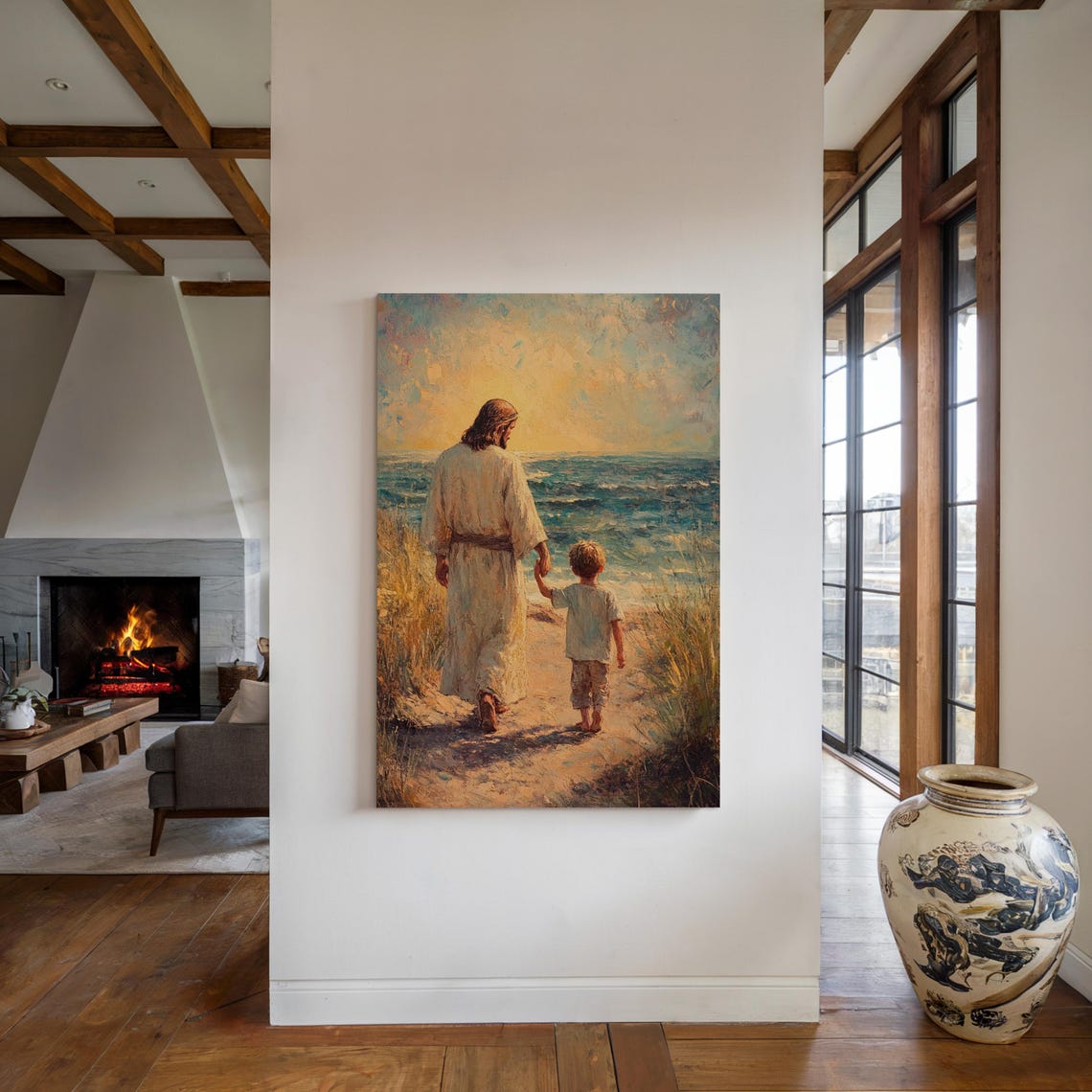 Jesus Walking With Child Sunset Ocean Path Christian Art Poster - Image 3
