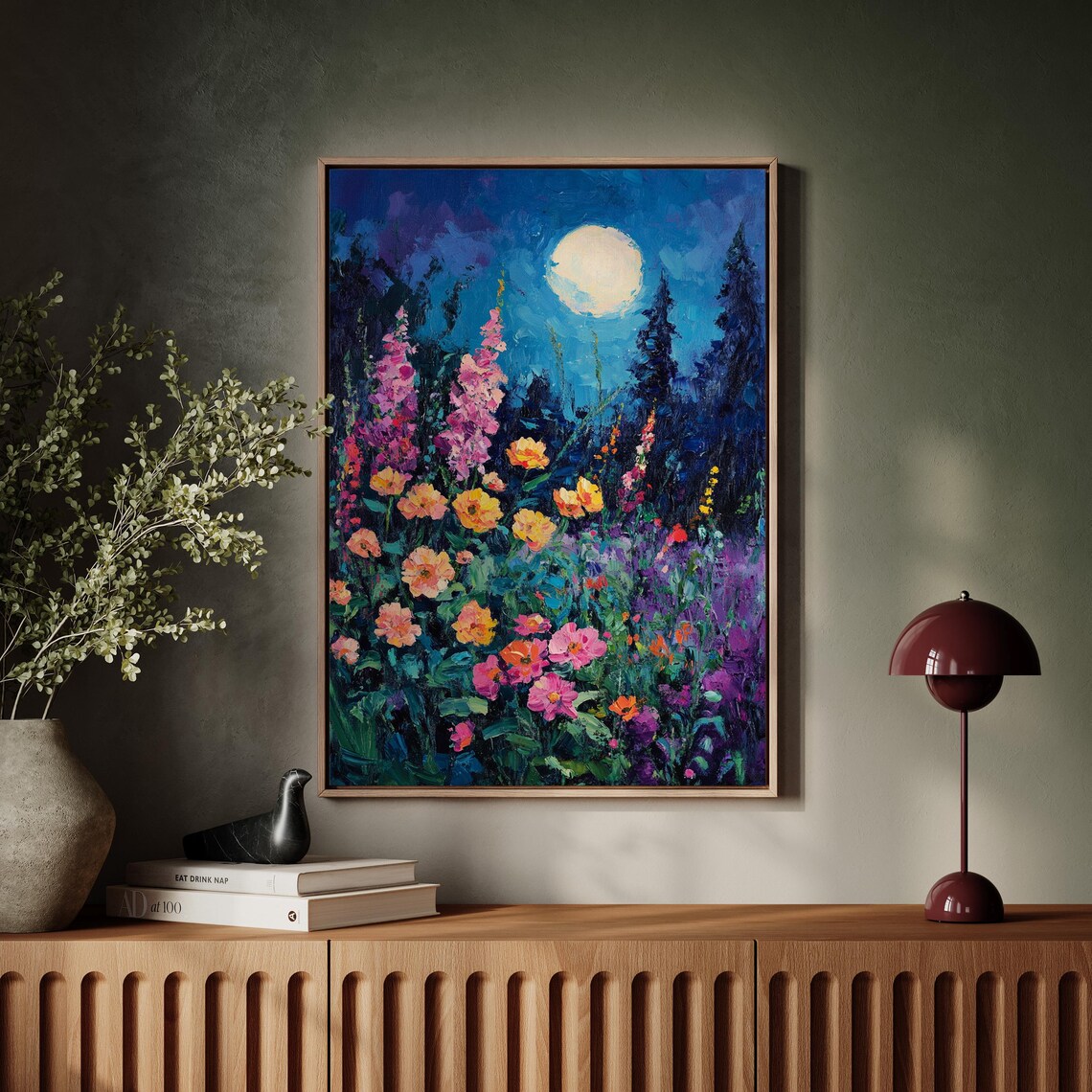 Moonlit Wildflower Meadow Full Moon Floral Night Landscape Poster - Image 6