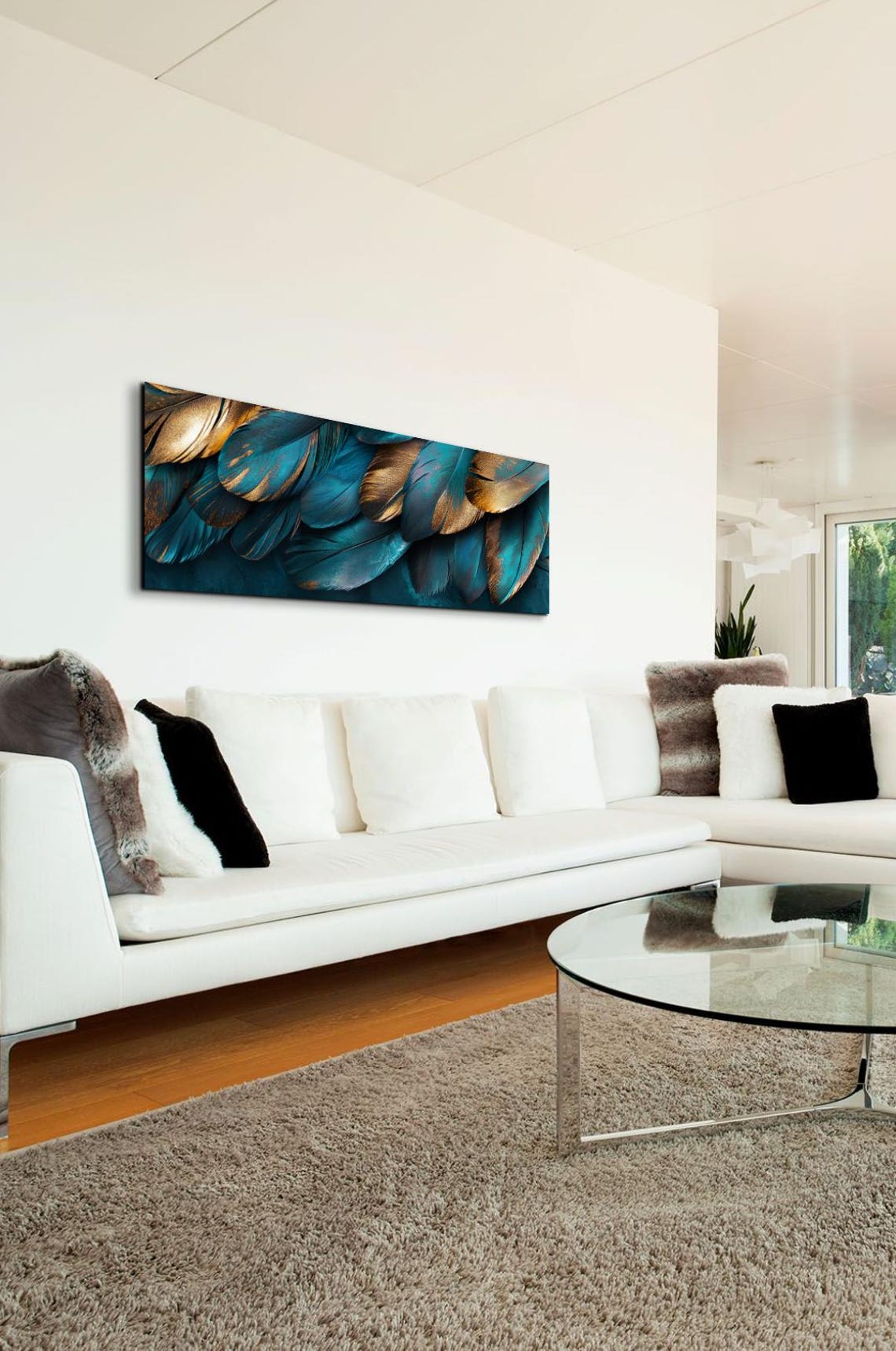 Teal And Gold Feather Close Up Luxury Panoramic Nature Art Poster - Image 7