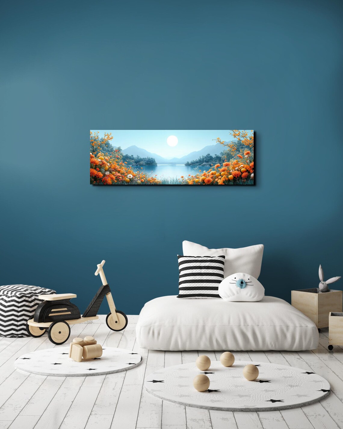Panoramic Mountain Lake With Orange Wildflowers Under a Bright Sun Poster - Image 3