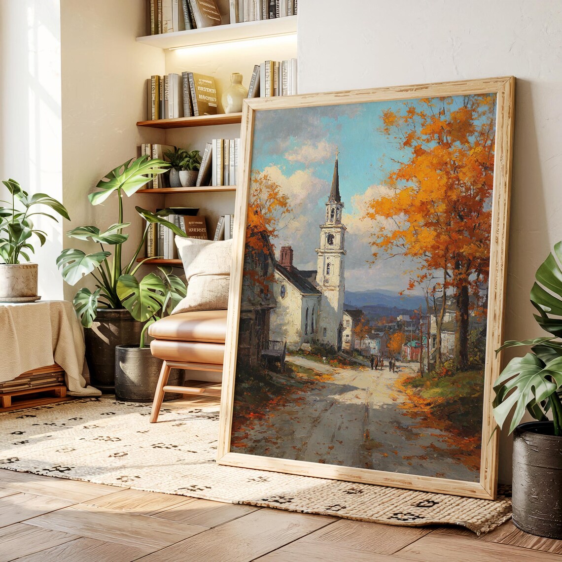 Autumn Village Church Scene Poster Fall Foliage Street Painting