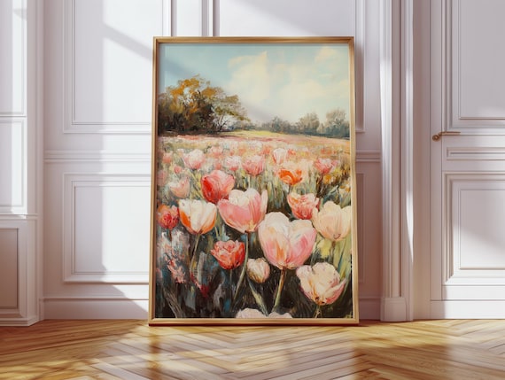 Spring Tulip Field Canvas Art Pastel Pink And Coral Tulips In Bloom Impressionist Floral Landscape Wall Decor