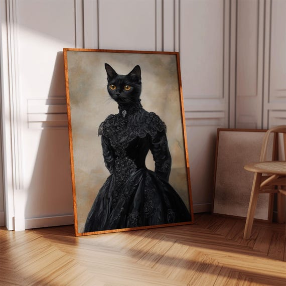 Elegant Black Cat Portrait Canvas Gothic Victorian Wall Art In Lace Dress Dark Academia Decor For Feline Lovers
