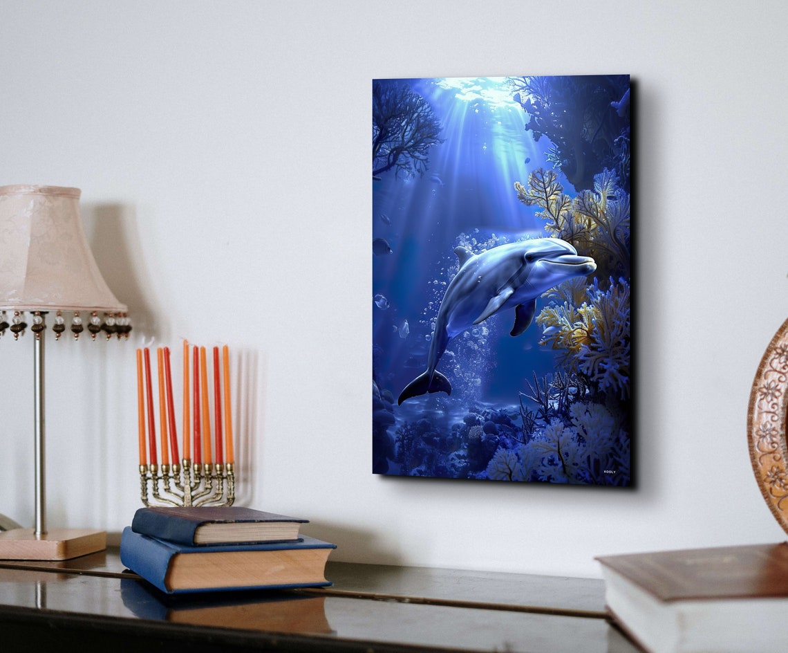 Dolphin Swimming In Sunlit Underwater Coral Reef Ocean Poster - Image 4