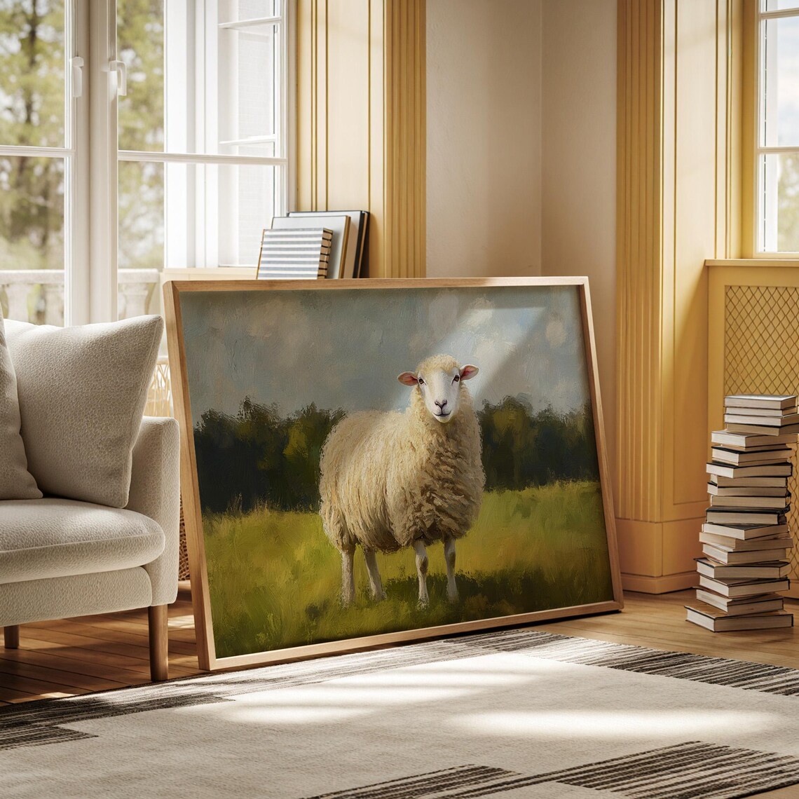 Fluffy White Sheep Smiling in Green Pasture Farm Painting Poster - Image 2
