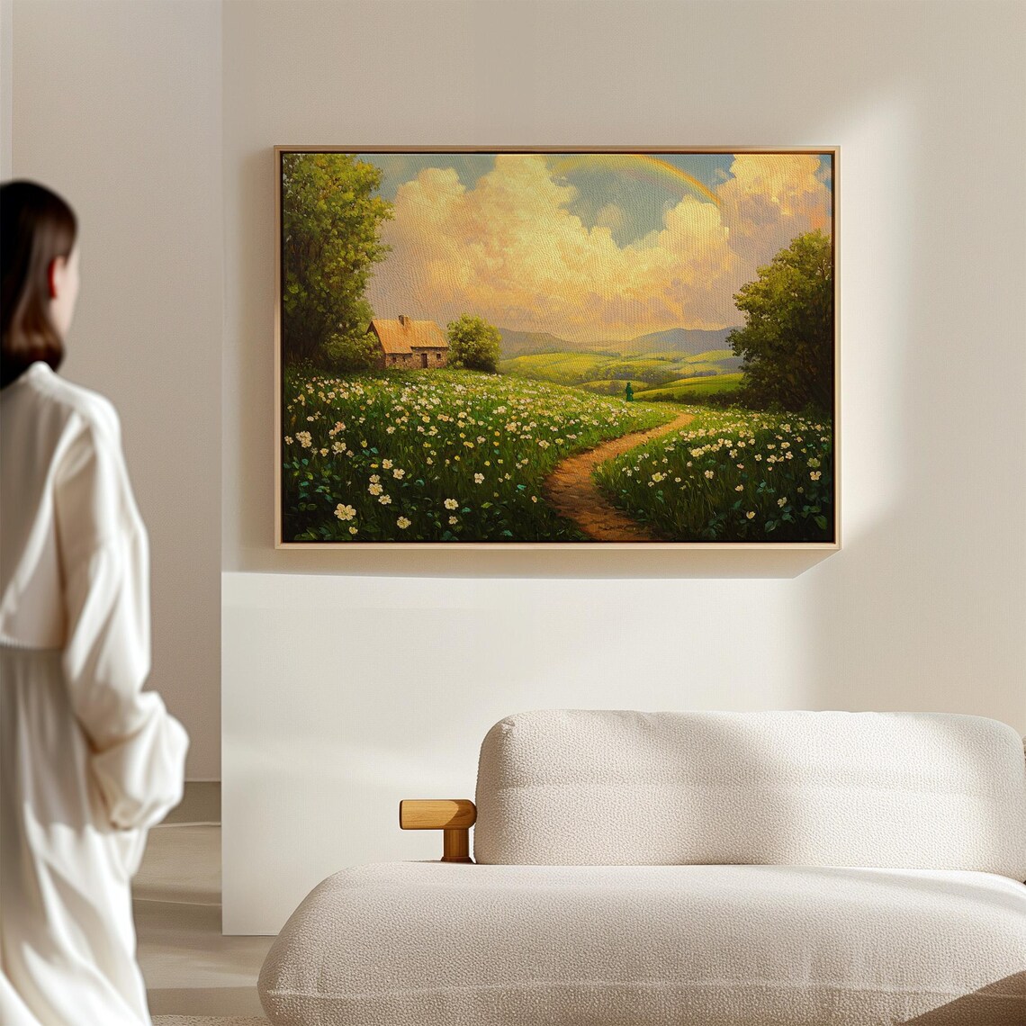 Scenic Irish Countryside Cottage Rainbow, Landscape Art - Image 4