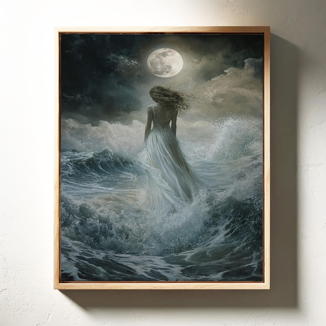 Moonlit Ocean Woman in White Dress, Coastal Art Print - Image 2