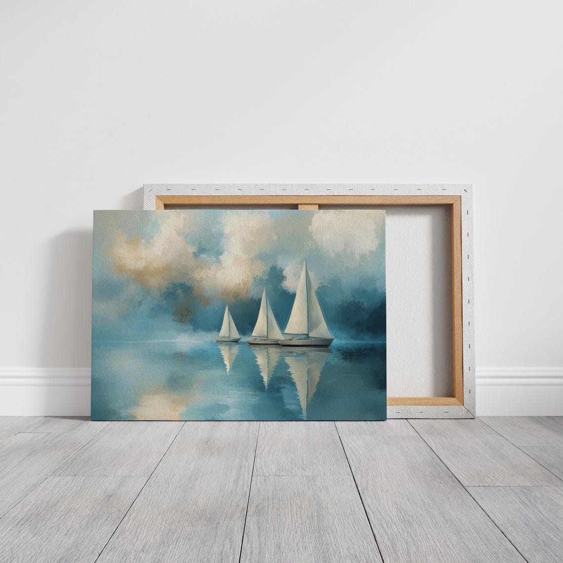 Three White Sailboats On Calm Teal Water Seascape Painting Poster - Image 6