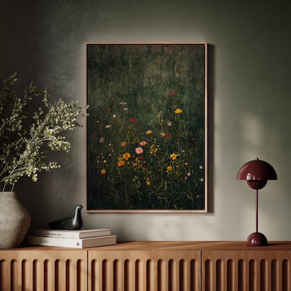 Dark Moody Wildflower Field Sparse Blooms Rustic Vintage Poster