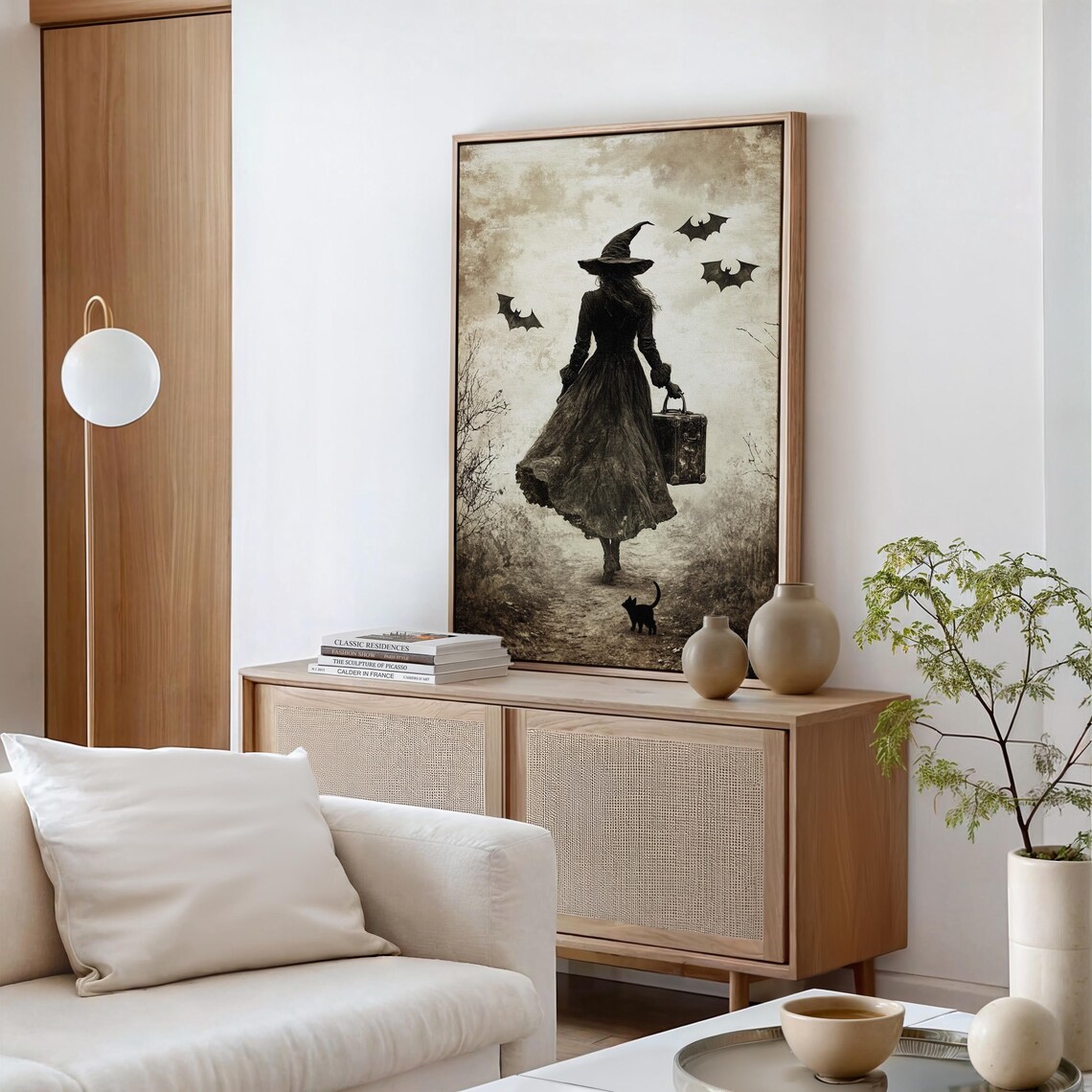 Traveling Witch Silhouette With Black Cat Bats Vintage Sepia Halloween Print - Image 4
