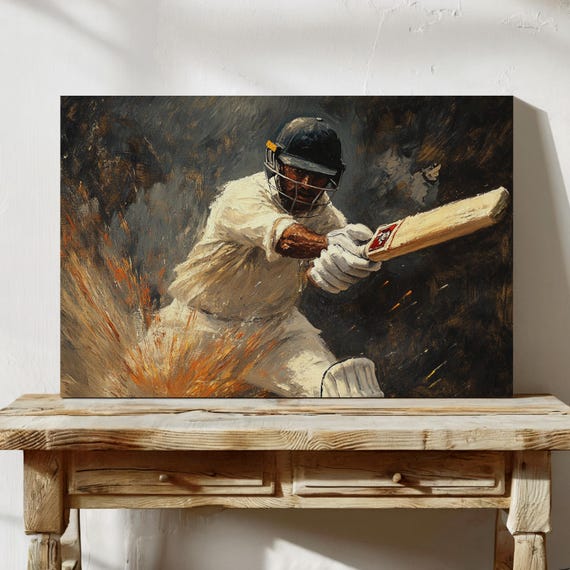 Cricket Player Vintage Oil Painting Sports Wall Art Cricket Bat Poster Athlete Action Print Gift For Cricket Fans