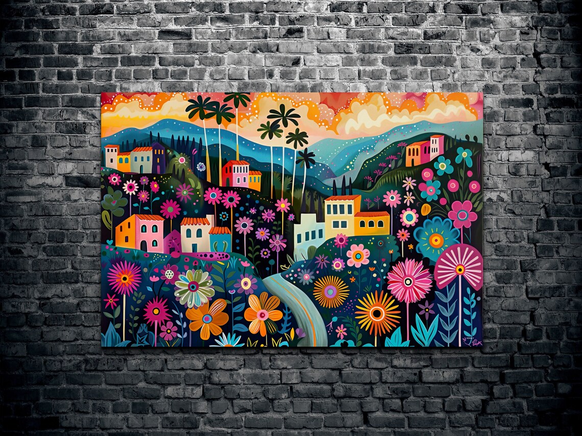 Colorful Mexican Village Flowers Folk Art Vibrant Floral Wall Print - Image 2