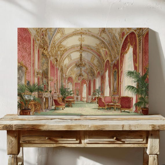 Luxurious Rococo Palace Interior Canvas Wall Art Elegant Pink And Gold Salon With Ornate Chandeliers Gilded Details Classic Dcor
