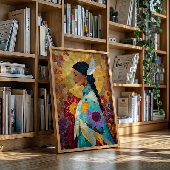 Native Woman In Turquoise Cloak Golden Floral Mosaic Art Poster