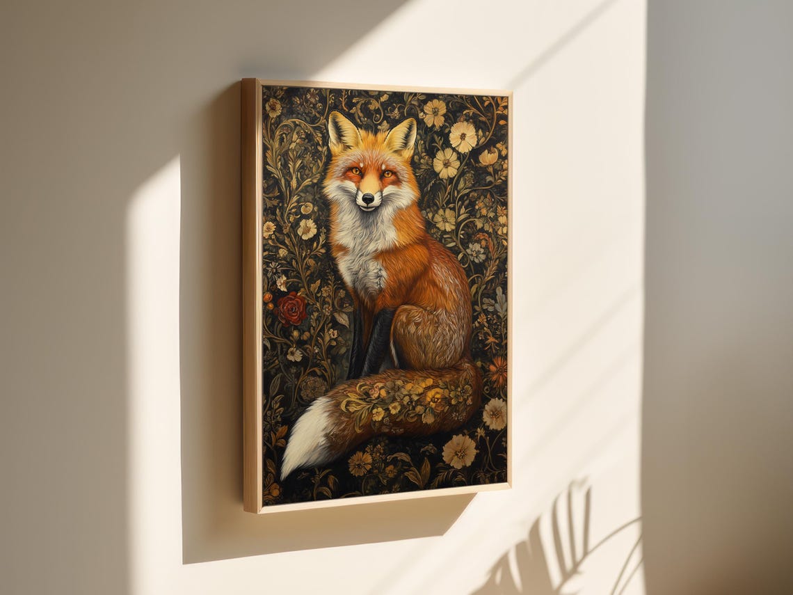 Red Fox Portrait Among Vintage Floral Vines Dark Wildlife Poster - Image 6