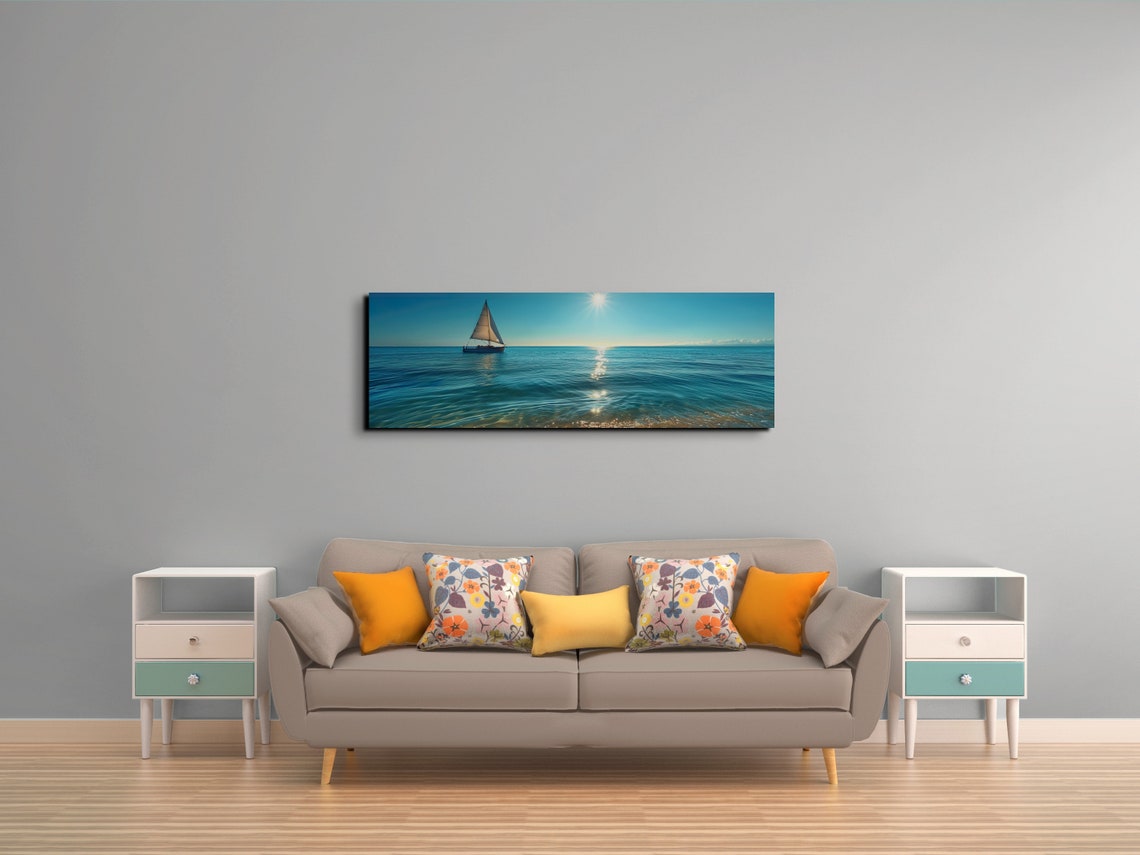 Serene Lone Sailboat Gliding Over a Calm Sunlit Blue Ocean Poster - Image 7