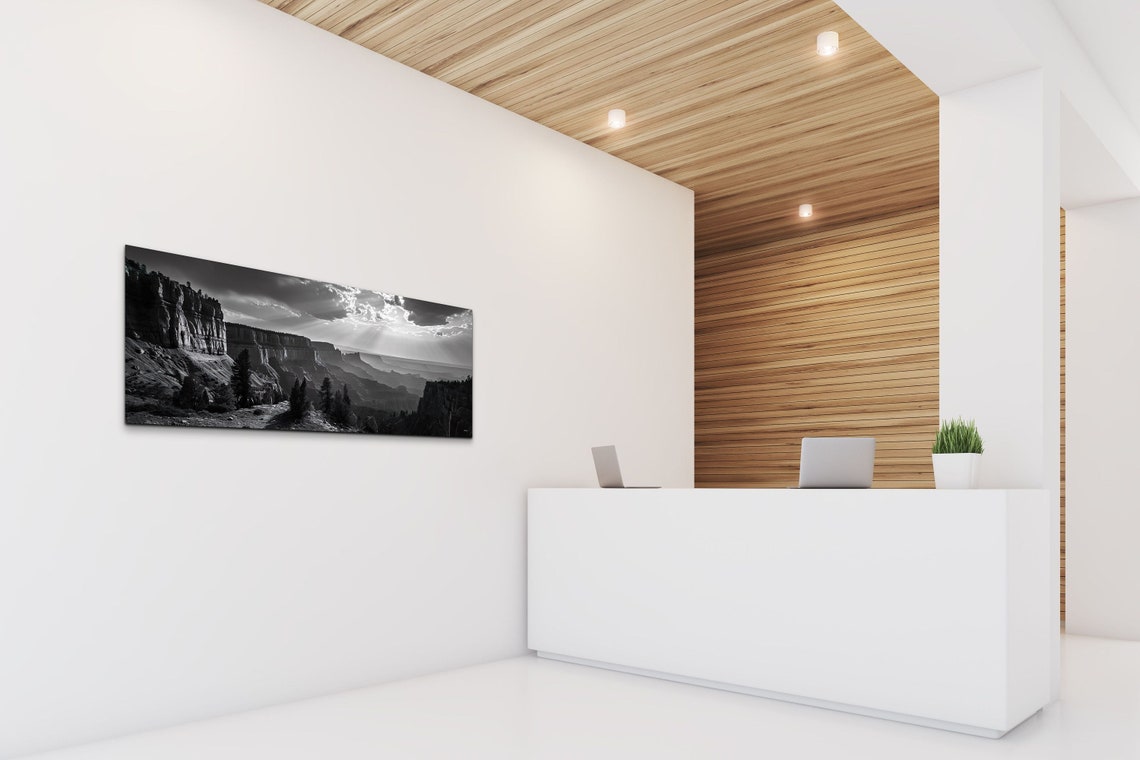 Panoramic Black White Canyon Sun Rays Dramatic Landscape Wall Art - Image 4