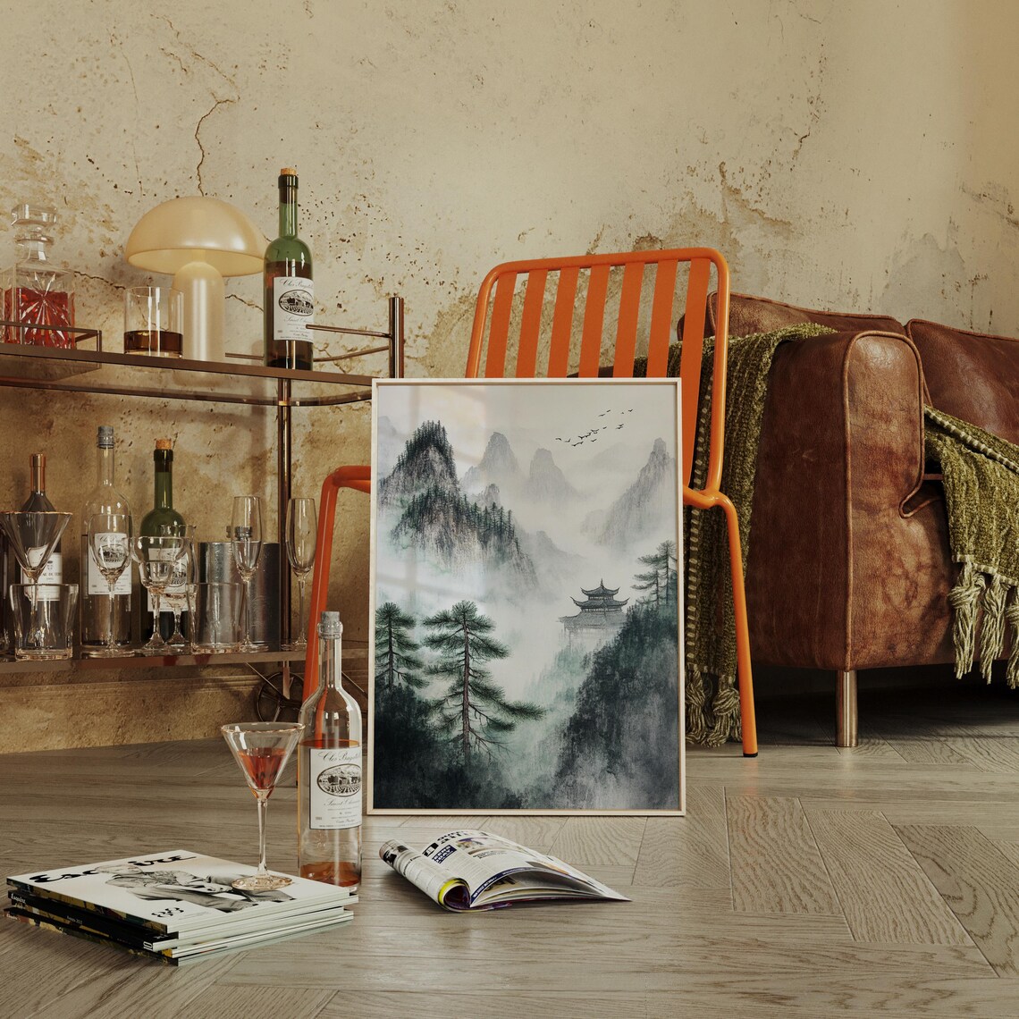 Misty Mountain Pagoda, Japanese Ink Wash Landscape - Image 2