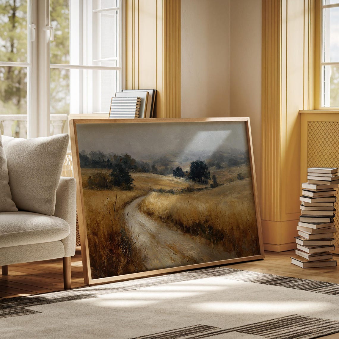 Golden Countryside Dirt Path Misty Rolling Hills Rural Wall Art