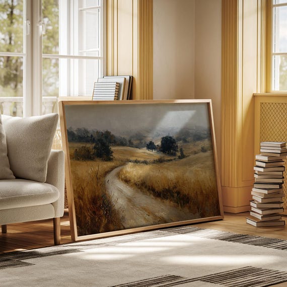 Golden Countryside Path Canvas Rustic Landscape Wall Art Misty Rolling Hills Painting Farmhouse Autumn Field Artwork For Home Dcor