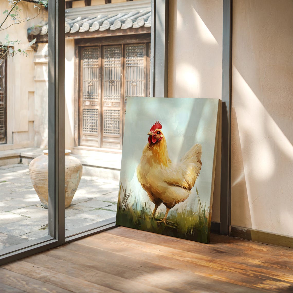 White Rooster with Red Comb in Field Folk Art Painting Poster - Image 2
