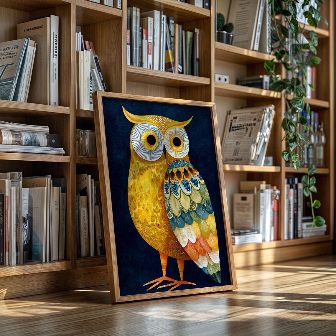 Golden Owl With Vibrant Patterned Feathers on Dark Navy Background Poster