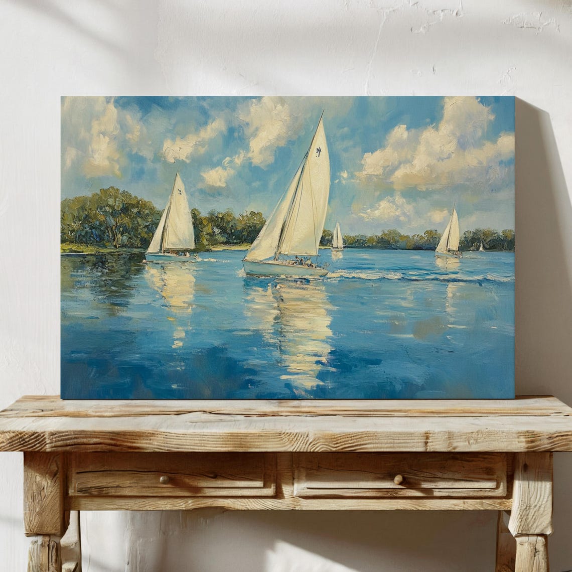 White Sailboats On Blue Lake Under Cloudy Sky Impressionist Poster - Image 3