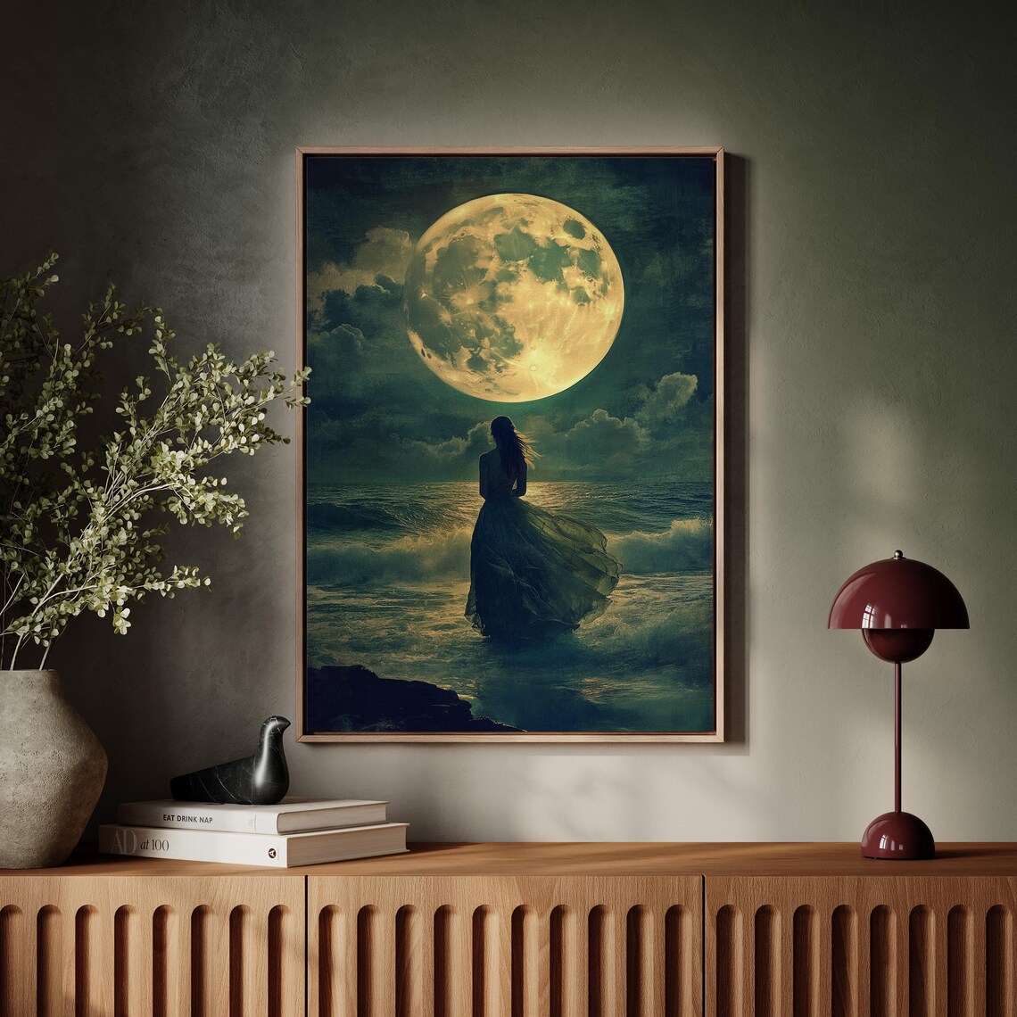 Full Moon Ocean Woman in Flowing Dress Art Print - Image 6