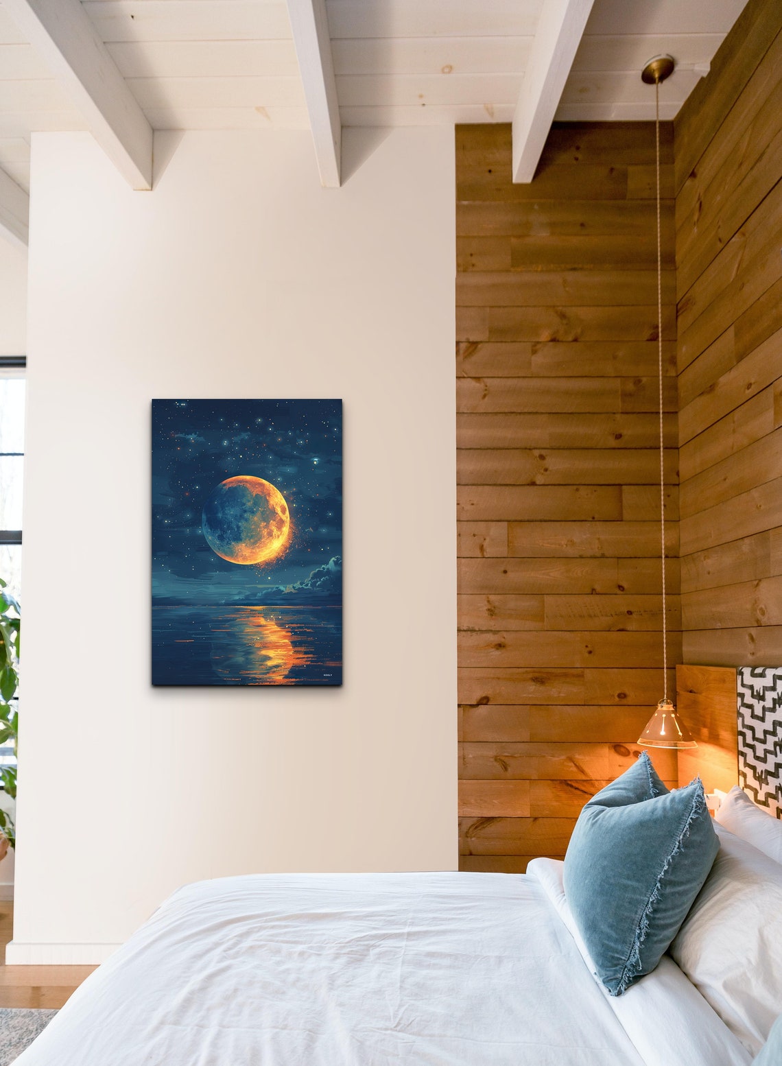 Blood Orange Full Moon Rising Ocean Reflection Starry Night Poster - Image 3