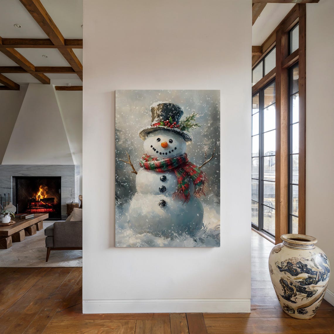 Cheerful Snowman Portrait in Top Hat and Plaid Scarf Snow Poster