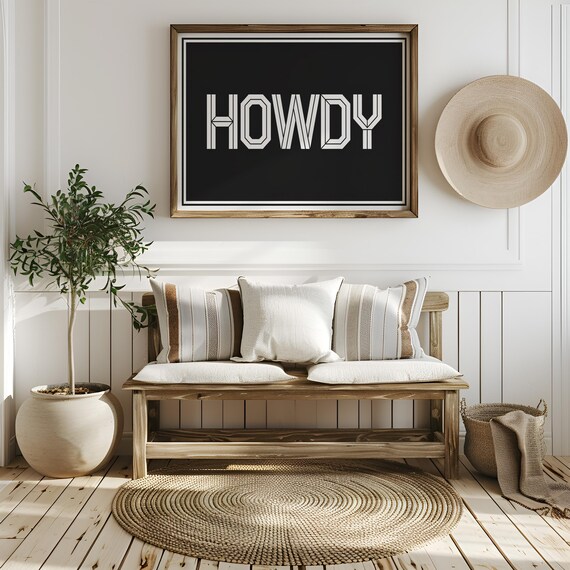 Bold Howdy Western Typography in White on Black Farmhouse Poster