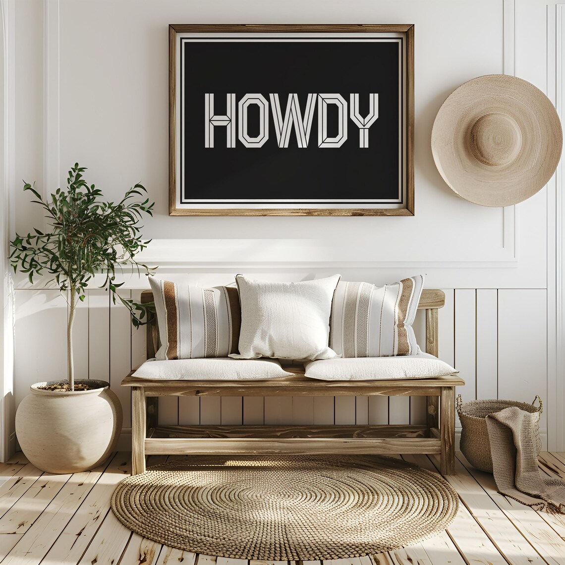 Bold Howdy Western Typography in White on Black Farmhouse Poster