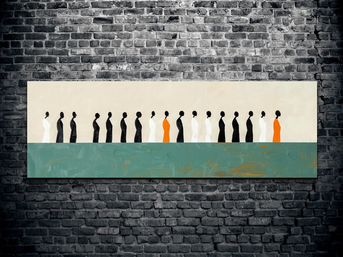 Panoramic Minimalist Green And Beige With Abstract People In The Horizon Ready To Hang Panoramic Wall Art Print - Image 2