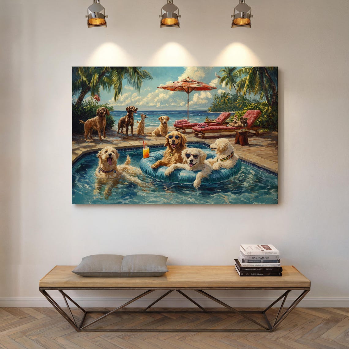 Golden Retrievers Pool Party Sunglasses Tropical Fun Dog Art Poster - Image 4