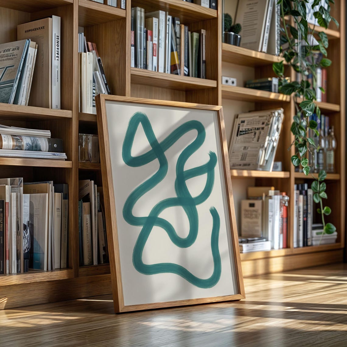 Teal Abstract Line Minimalist Curvy Brushstroke Modern Squiggle Poster