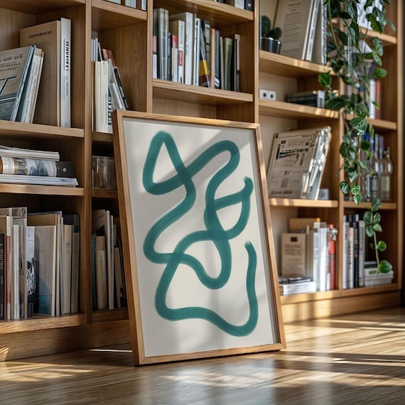 Teal Abstract Line Canvas Wall Art Minimalist Curvy Brushstroke Painting Modern Neutral Decor For Bedroom Or Living Room
