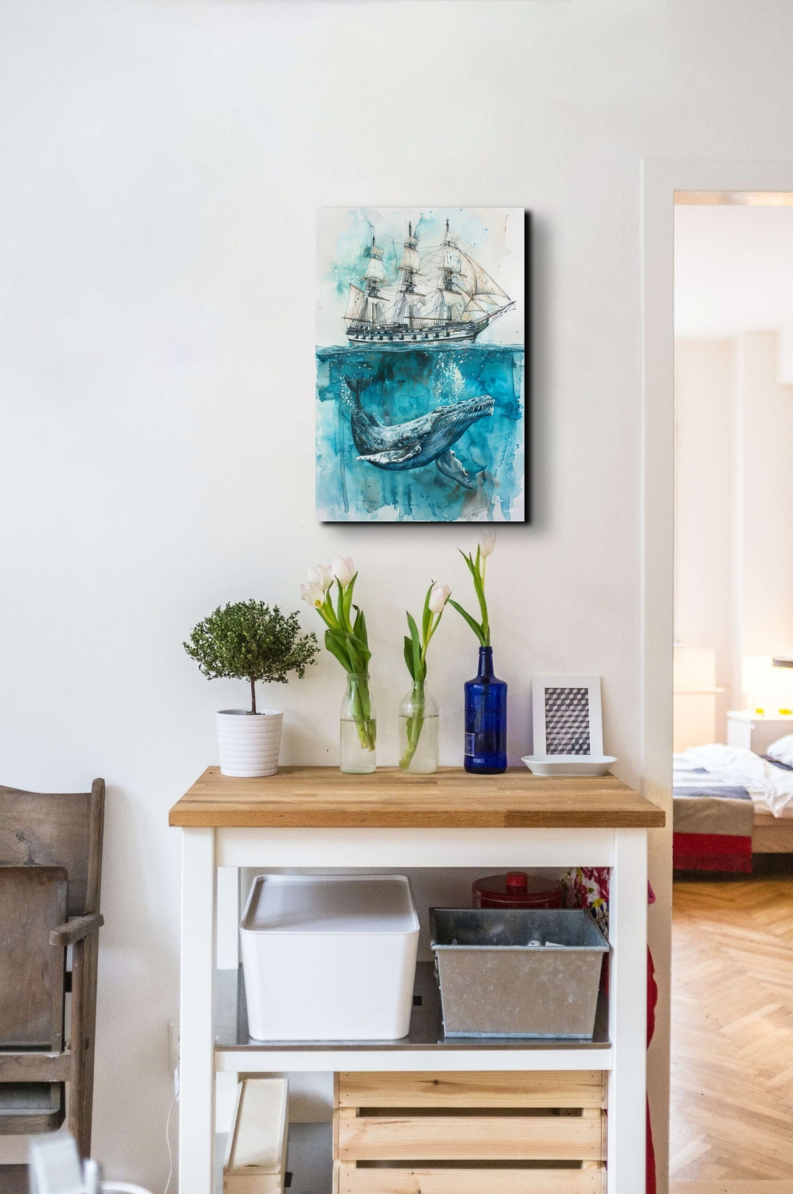 Whale Beneath Tall Sailing Ship Watercolor Ocean Nursery Poster - Image 5