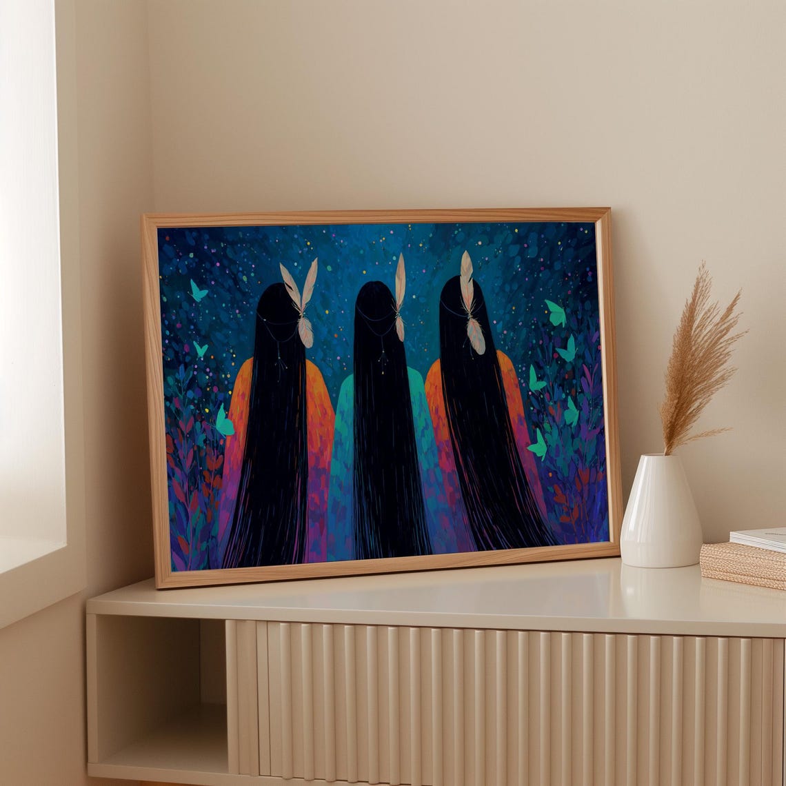 Three Sisters From Behind Colorful Robes Starry Night Garden Poster