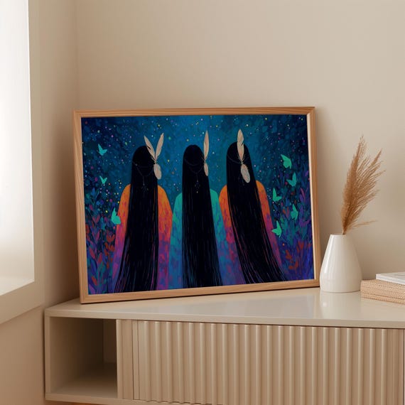 Three Sisters Canvas Wall Art Indigenousinspired Abstract Painting With Feathers Butterflies And Long Hair In Deep Cosmic Colors