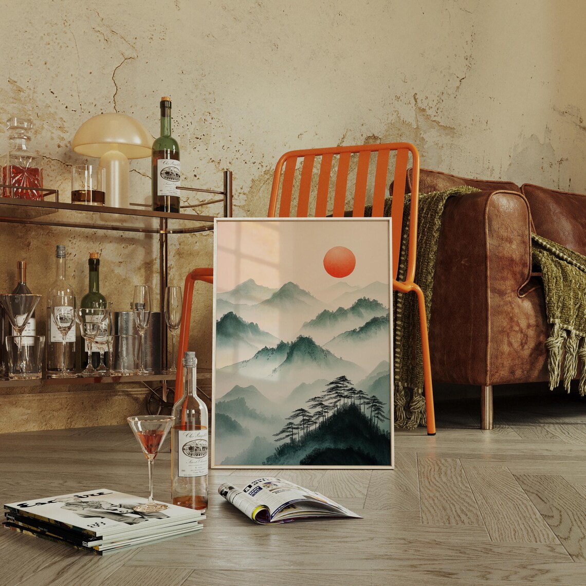 Japanese Sumi-E Mountain Print, Red Sun Landscape - Image 2