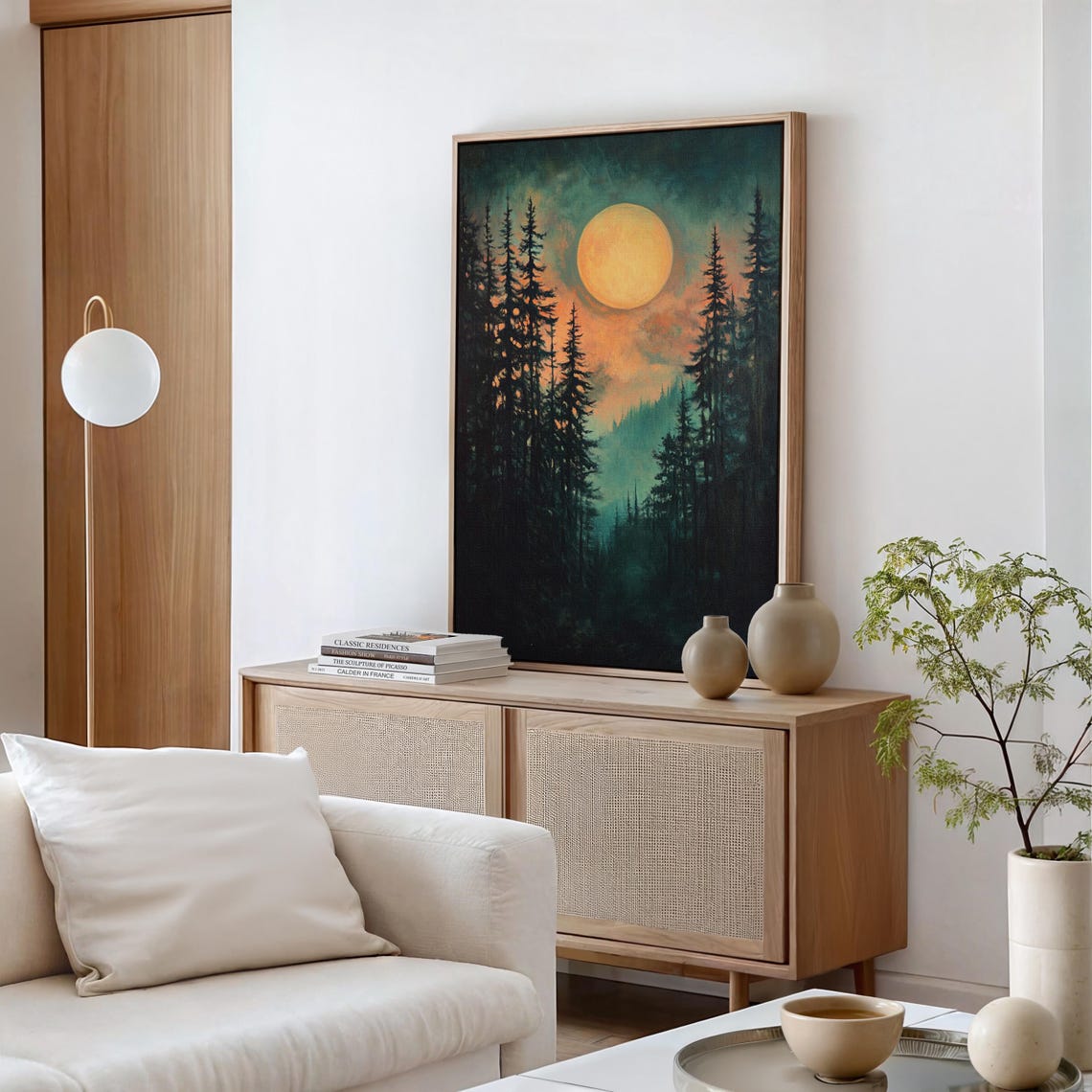 Golden Full Moon Over Misty Pine Forest Night Landscape Poster - Image 7