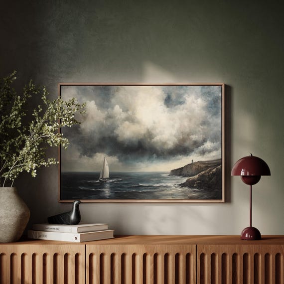 Stormy Sea Sailing Canvas Art Dramatic Ocean Wall Decor With Sailboat And Lighthouse Nautical Coastal Painting Print