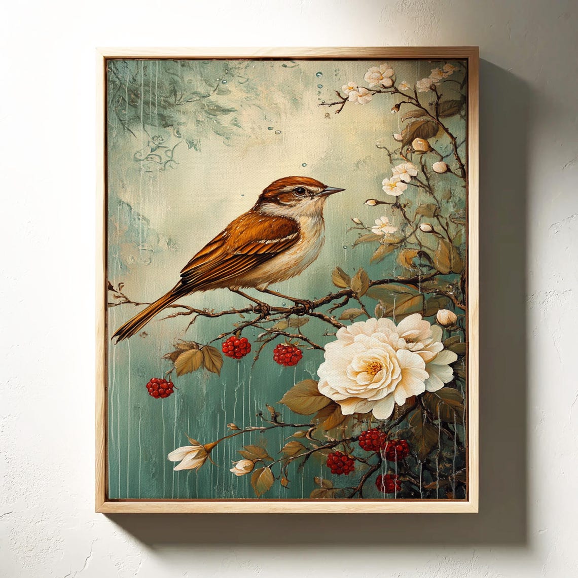 Songbird On Flowering Branch With White Rose Vintage Art Poster - Image 6