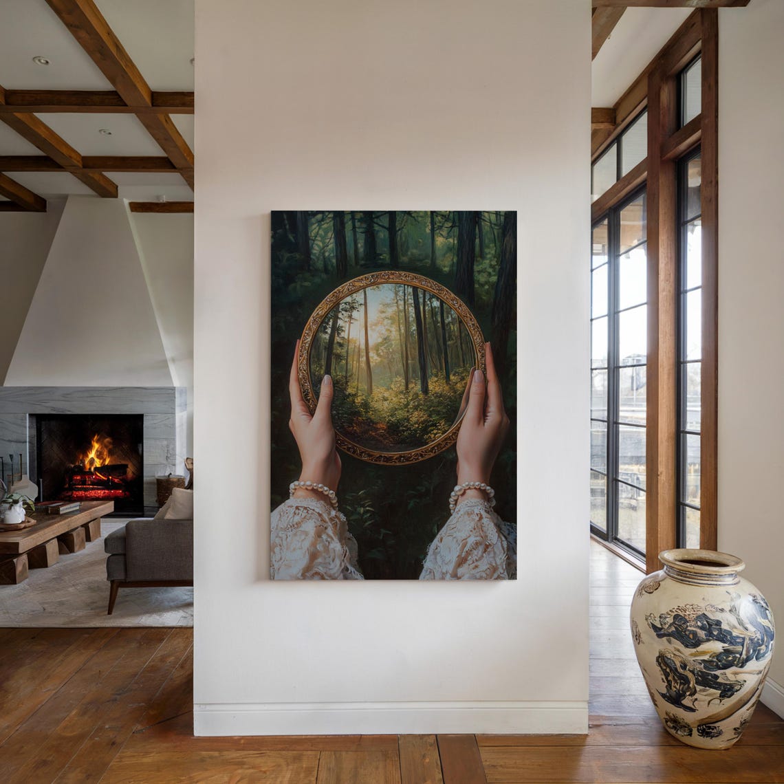 Hands Holding Antique Gold Mirror With Sunlit Forest View Poster - Image 3